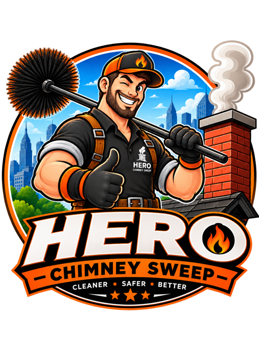 Hero Chimney Sweep mascot holding a chimney brush beside a brick chimney and city skyline