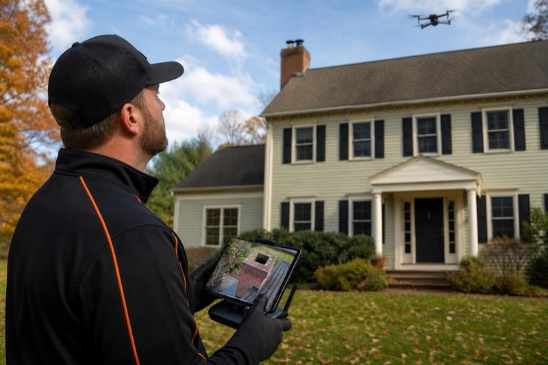 A Hero Chimney Sweep technician flying an inspection drone, live chimney footage on the controller screen