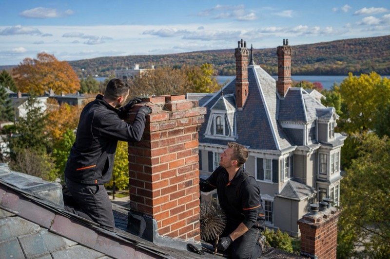 A historic Hudson River village home with tall brick chimneys