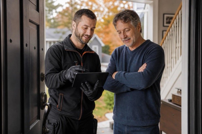 A Hero Chimney Sweep technician reviewing inspection photos with a homeowner