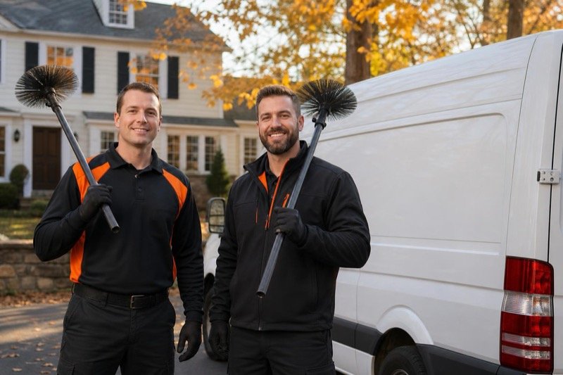 Hero Chimney Sweep technicians with chimney brushes beside their service van
